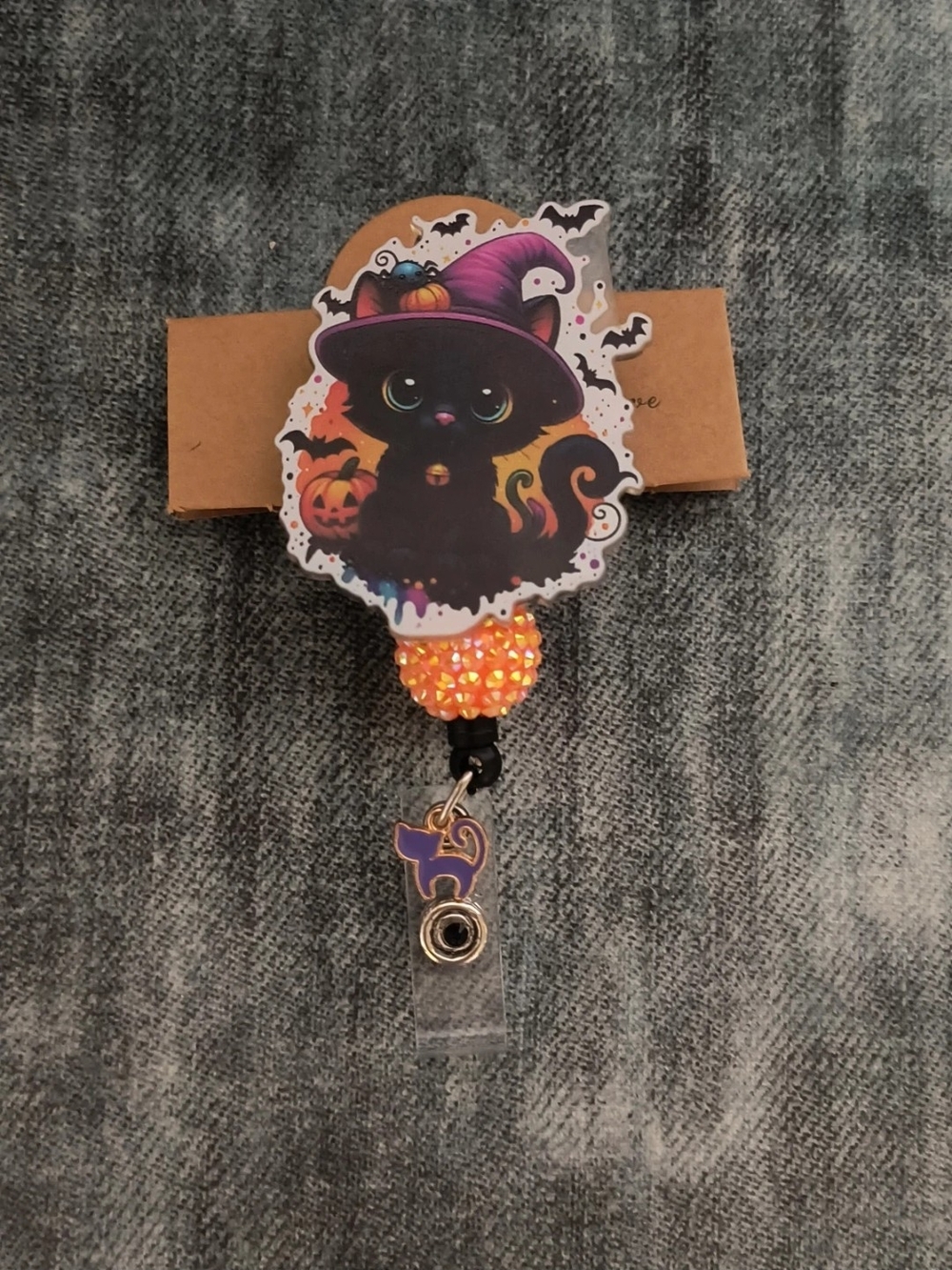 Halloween Black Cat Badge Reel with Orange Crystal Bead